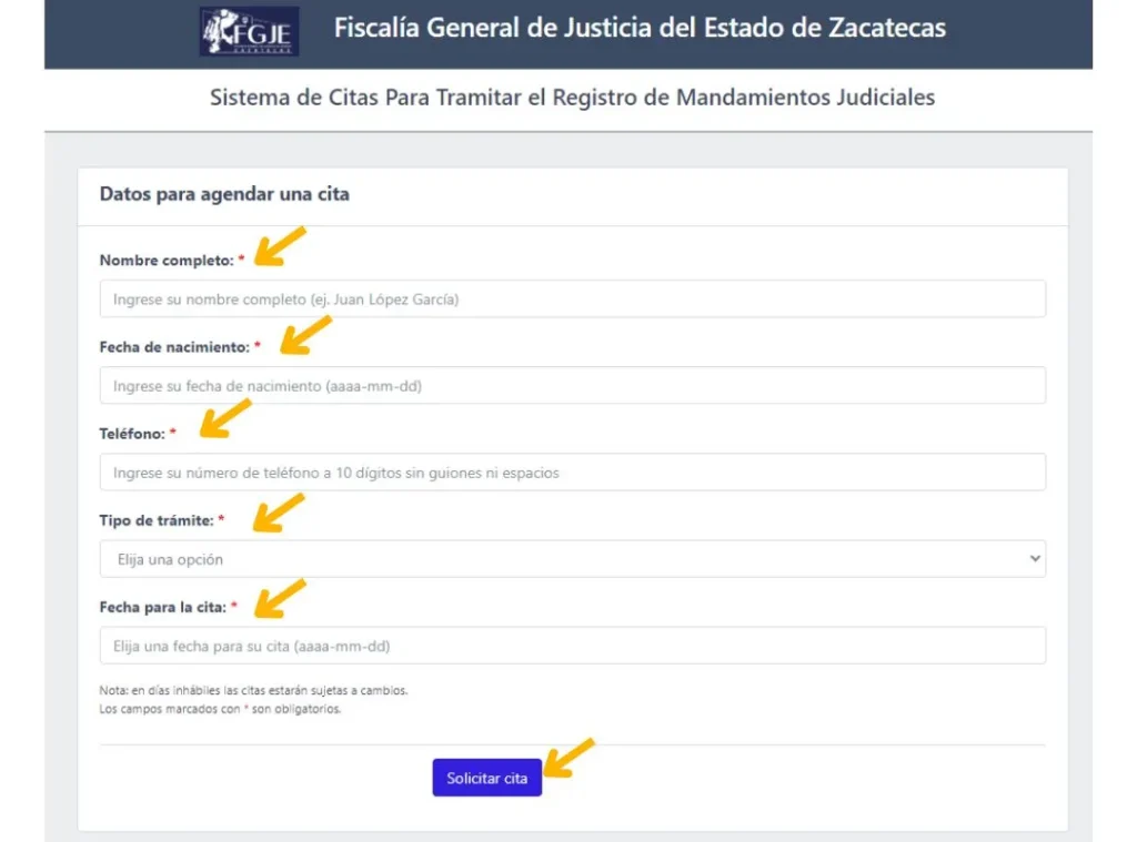 Paso 1 cita online para carta no antecedentes penales en Zacatecas